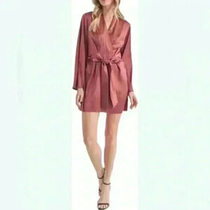 NWT LUSH Long Bell Sleeve Tie Waist Silky Minidress in Mulberry Size Small